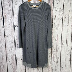 J. Jill Gray & Navy Striped Tunic Dress Medium Long Sleeve Pockets Knee Length